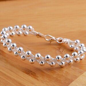 💙 Silver Plated 3 Strand Braided Snake Chain Beaded Bracelet